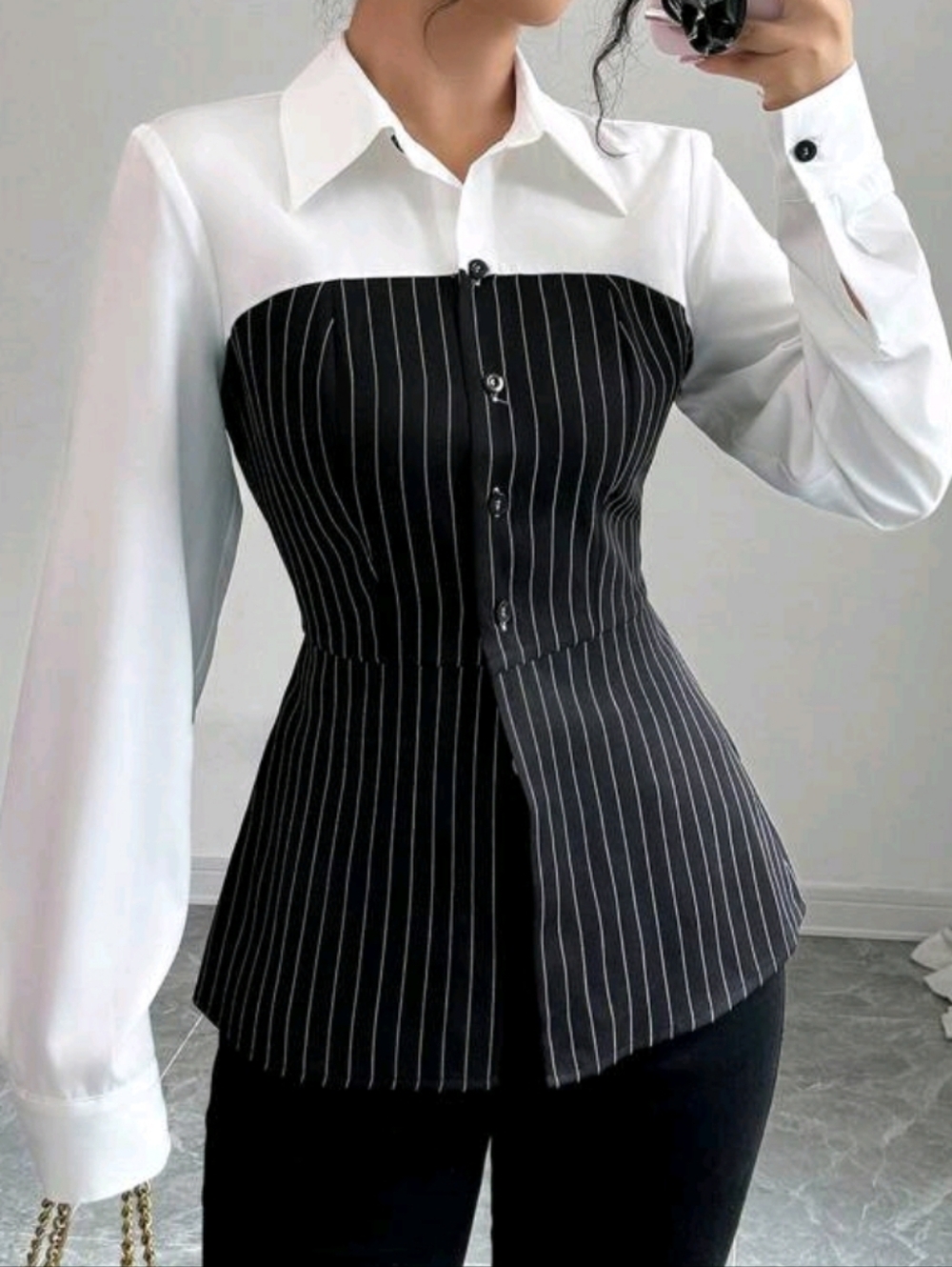 Chic Black Pinstripe Bustier Overlay White Shirt